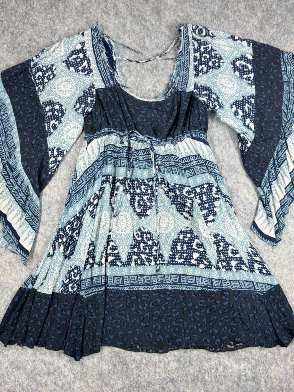Free People Dress Kaftan Sleeve Mini Blue Boho Ruffle Sz S Square Neck Peasant - Picture 5 of 10